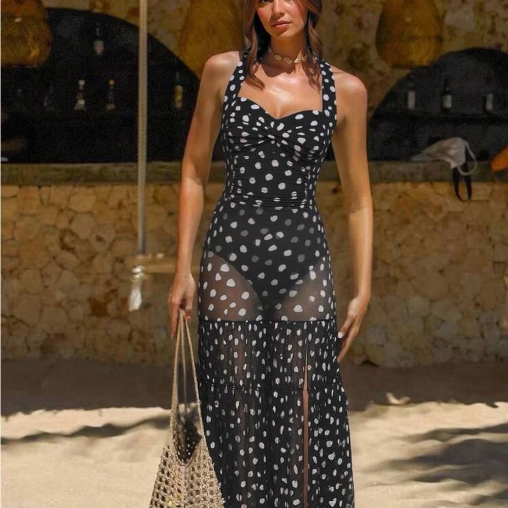 2-piece Black Polka Dot Halter Swimsuit & Maxi Skirt coverup